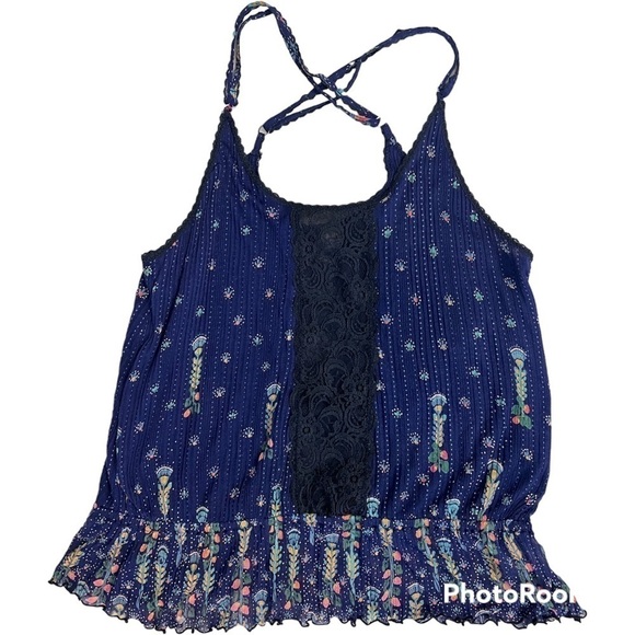 Vintage 1990s Free People tank top with lace accent and floral print, blue L - Picture 1 of 10